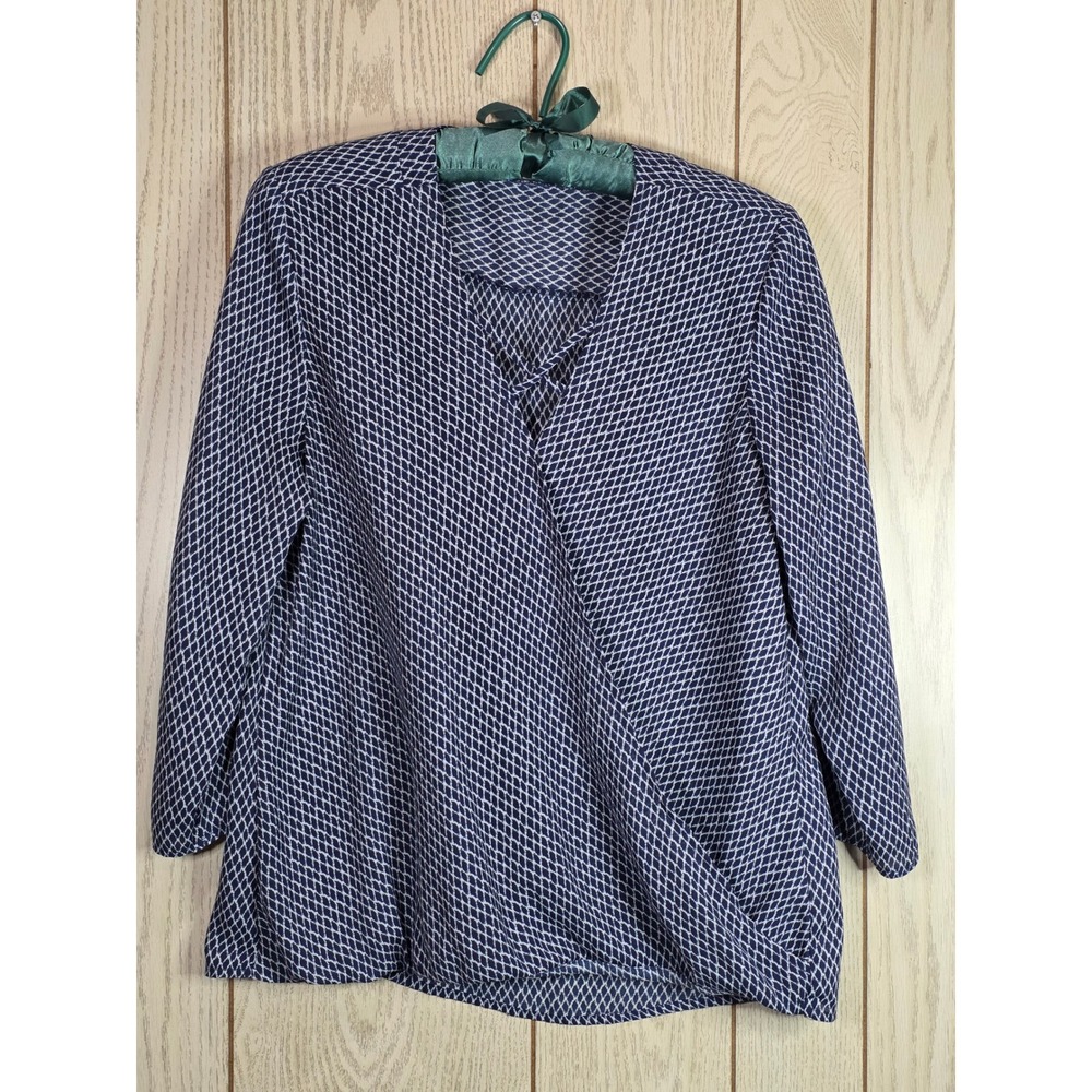 Maurices Navy Blue Geometric Faux Wrap Surplice Roll Tab Sleeve Blouse Medium